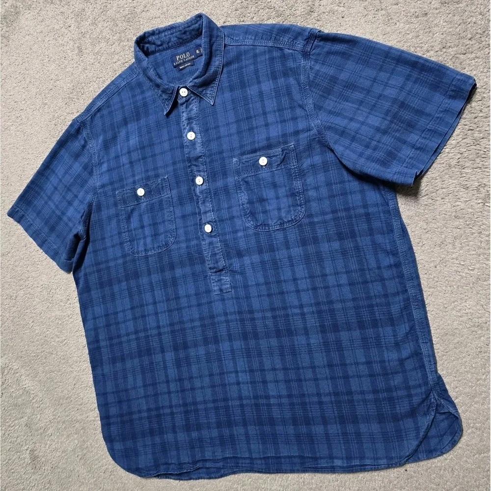 Polo Ralph Lauren Indigo Oxford Popover Shirt Mens XL Blue Plaid Beach Preppy